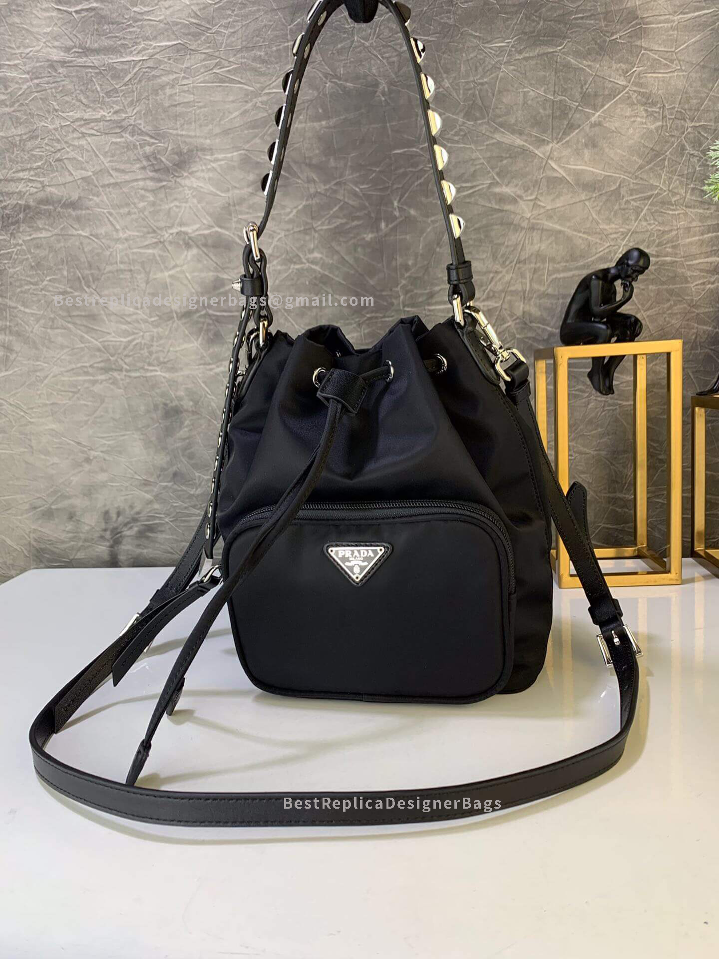 Prada Black Mini Nylon Bucket Bag With Leather And Studs SHW 038